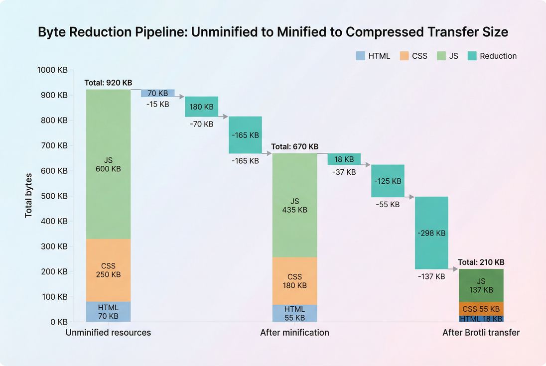 Bridge chart showing byte savings from minification and compression across HTML, CSS, and JavaScript.