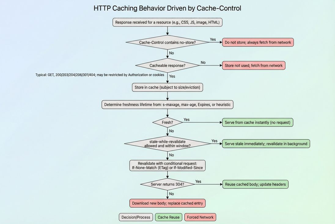 Flow chart showing how Cache-Control directives determine whether a response is stored, reused while fresh, revalidated, or re-downloaded