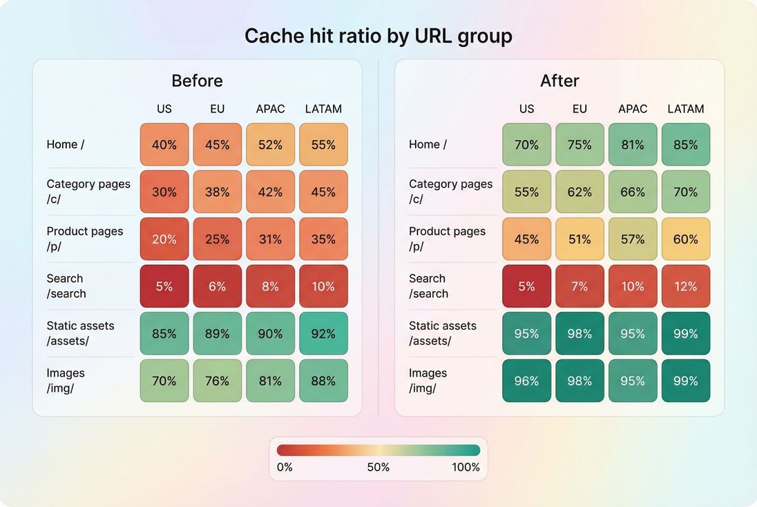 Two-panel heatmap showing cache hit ratio by URL group before and after cache key normalization