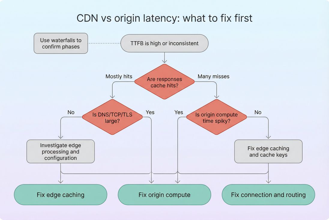 Decision flowchart for choosing whether to fix caching, origin compute, or connection setup