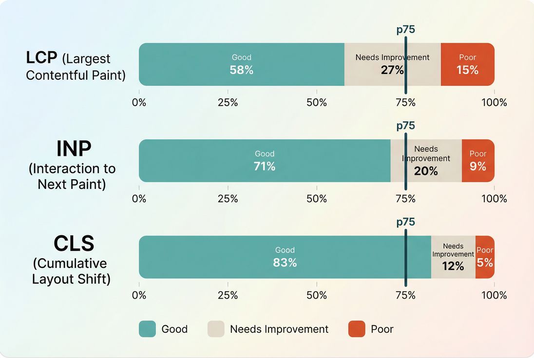CrUX distribution buckets with p75 marker for LCP INP and CLS