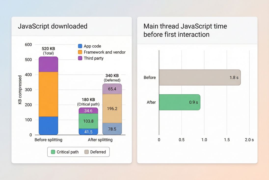 Stacked bars comparing before and after code splitting for critical vs deferred JavaScript bytes and main thread time