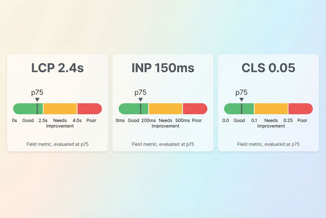 Scorecard view of LCP, INP, and CLS with good, needs improvement, and poor thresholds and a 75th percentile marker.