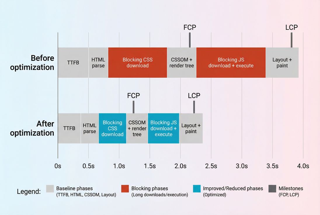 Stacked timeline of the critical rendering path from TTFB to FCP and LCP, showing blocking CSS, blocking JS, and paint milestones
