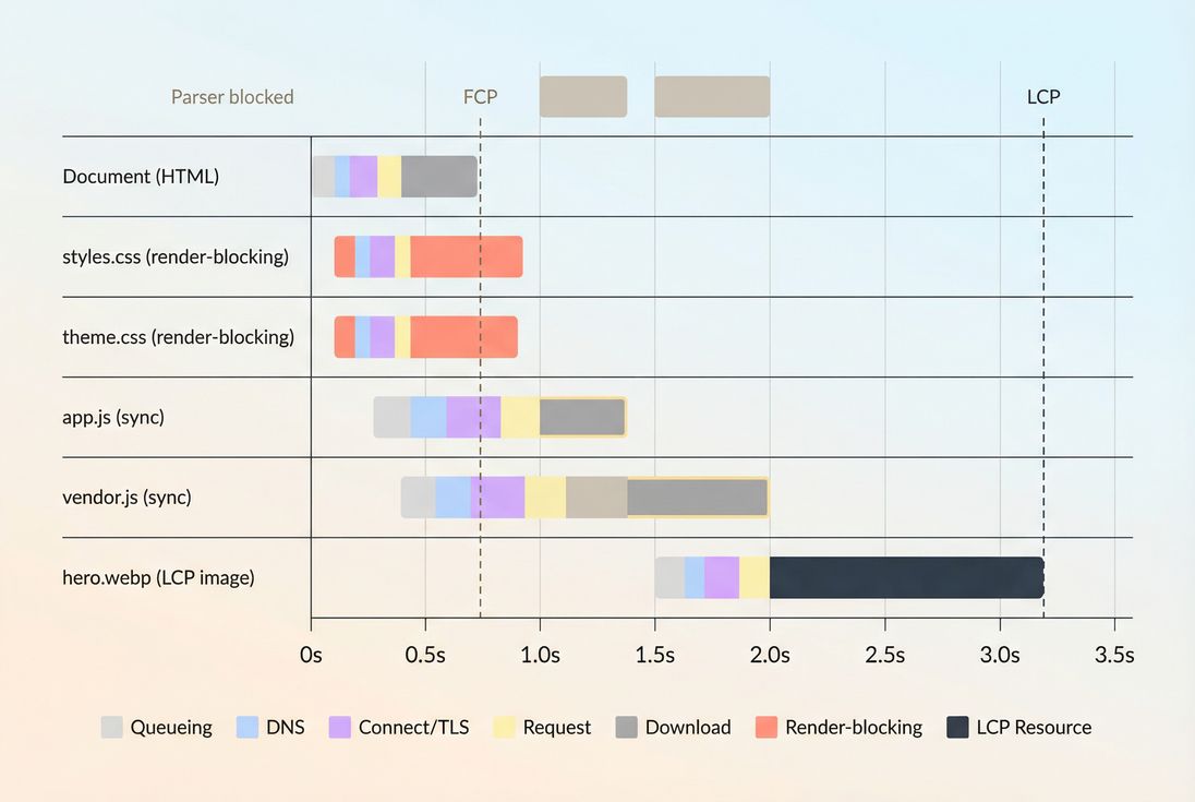 Simplified network request waterfall highlighting render-blocking CSS, synchronous JS, and the LCP image request timing