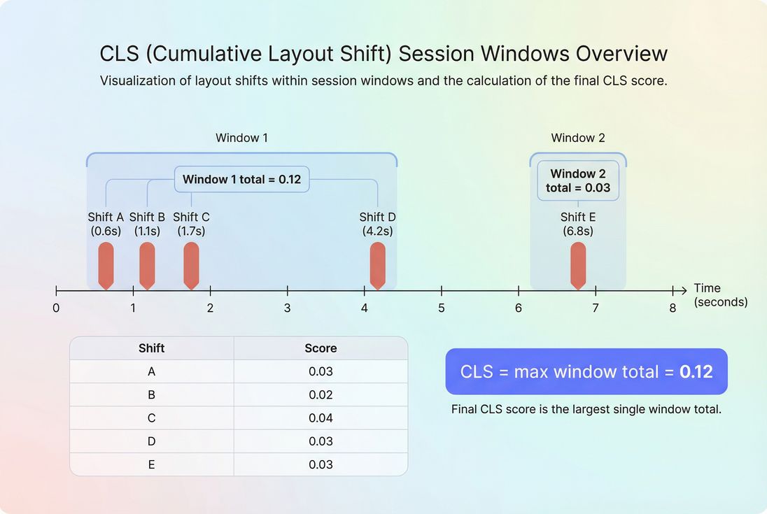 Timeline showing how multiple layout shifts are grouped into a CLS session window and how the maximum window determines CLS