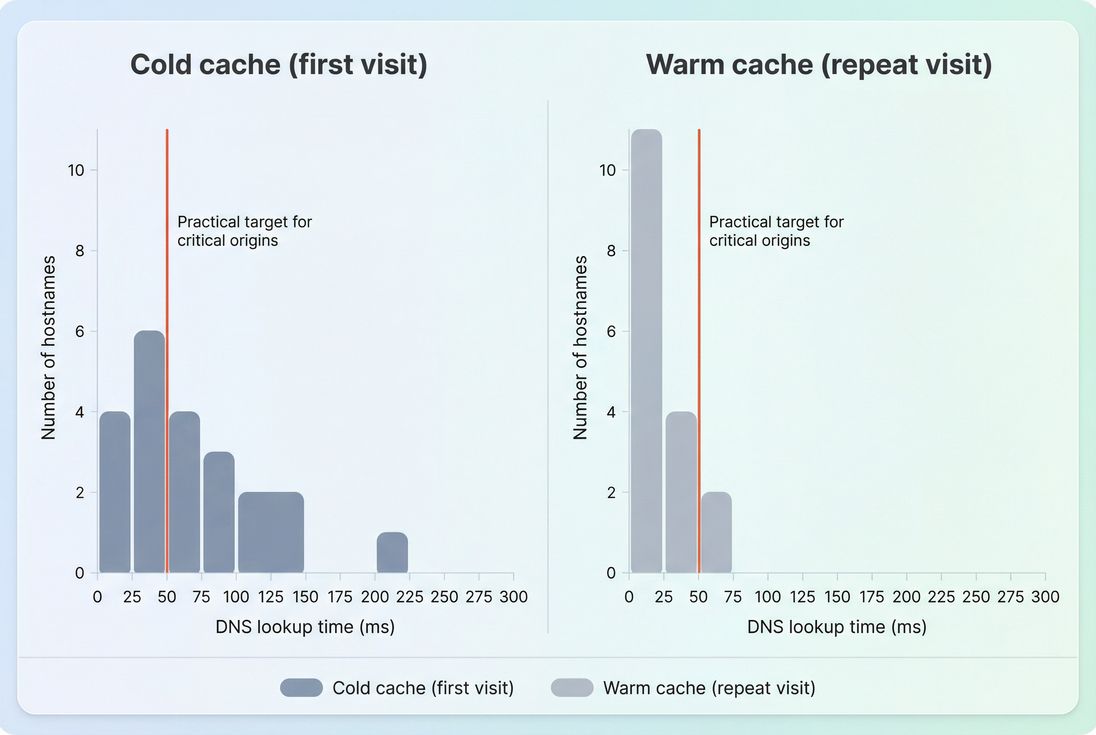 Histogram comparing cold-cache vs warm-cache DNS lookup times across hostnames
