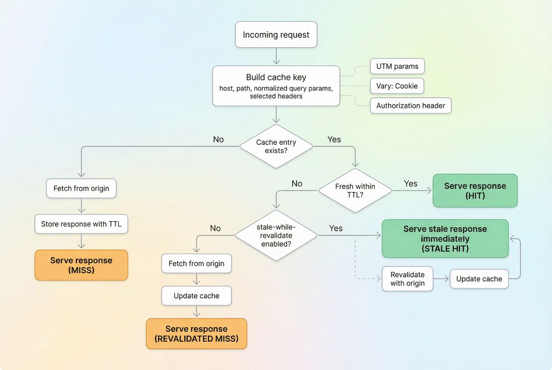 Flowchart showing how edge caches decide hit, stale revalidate, or miss to origin
