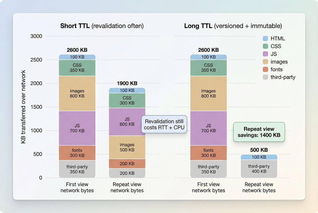 Stacked bars showing network bytes on first view versus repeat view when static assets have short TTL vs long TTL