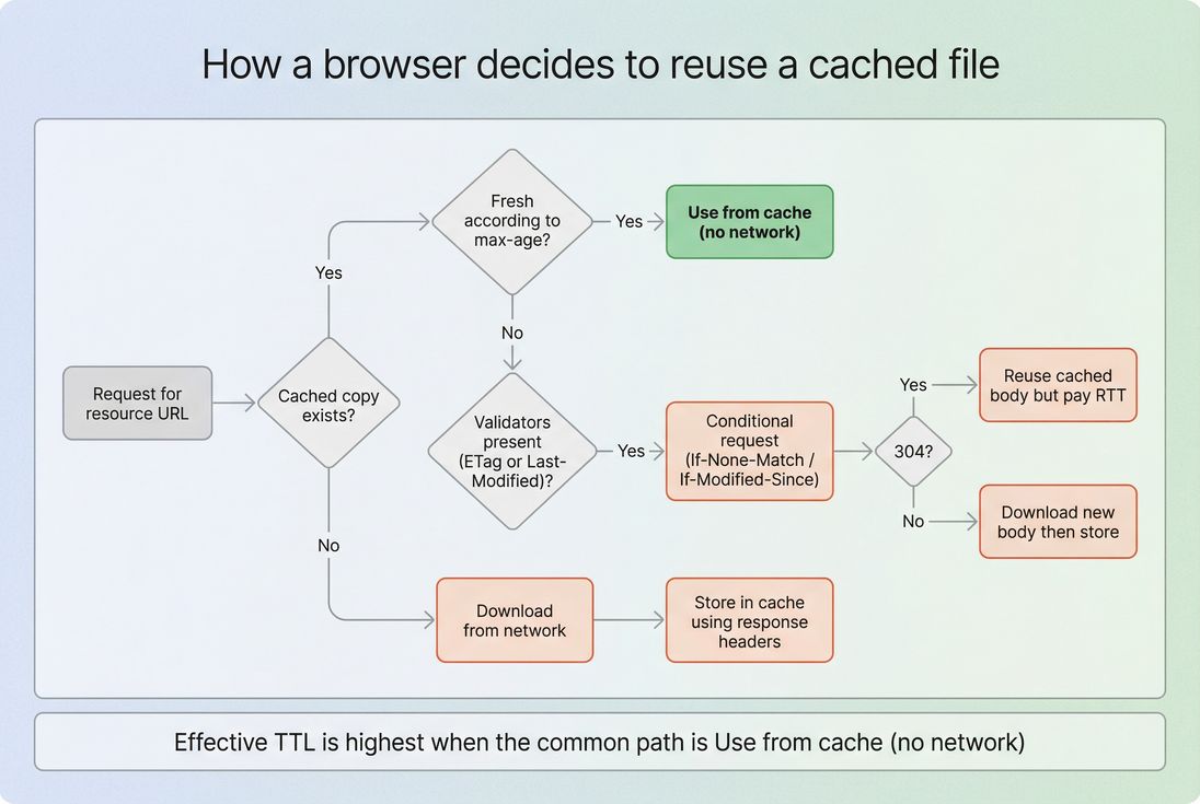Flow diagram showing how browsers choose between using cache, revalidating, or downloading based on Cache-Control max-age, immutable, and validators