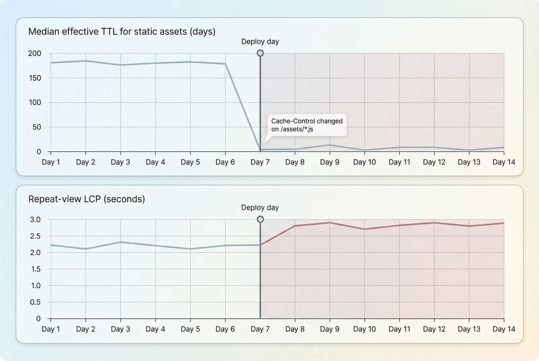 Line chart showing a caching regression where effective cache TTL drops after a deployment and repeat-view LCP increases