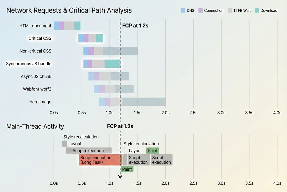 Timeline showing network waterfall and main-thread work up to First Contentful Paint
