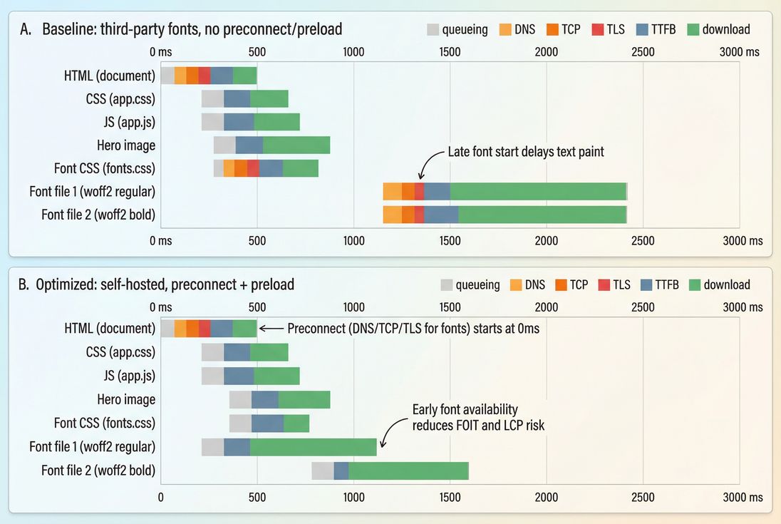 Waterfall comparing third-party font loading versus self-hosted with preconnect and preload