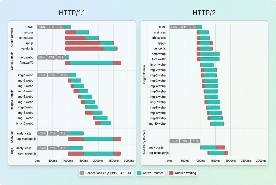 Side-by-side network waterfall showing HTTP/1.1 connection sharding vs HTTP/2 multiplexing on a single connection