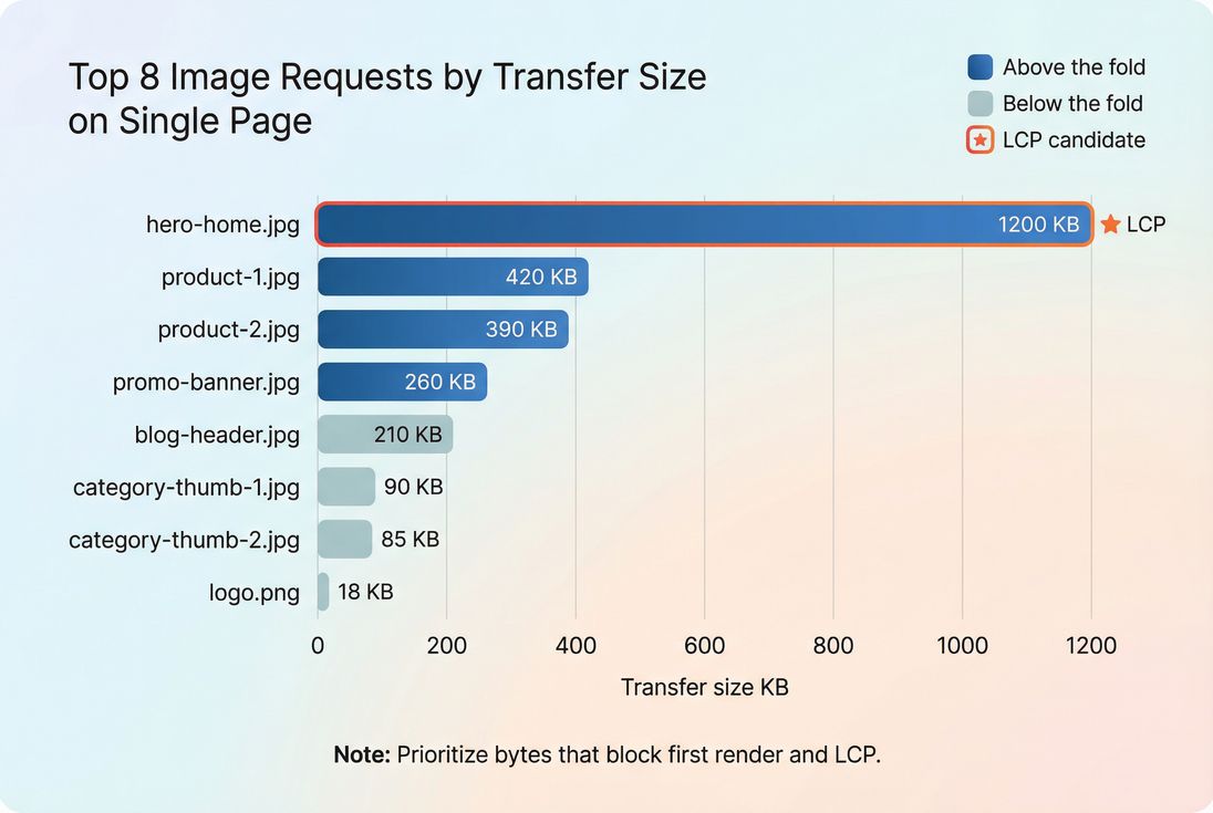 Horizontal bar chart ranking images by transfer size and highlighting which are above the fold and LCP candidate