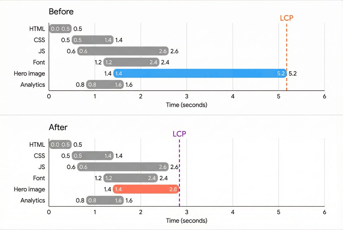 Two-panel request timeline showing how a smaller hero image shortens the critical path and improves LCP