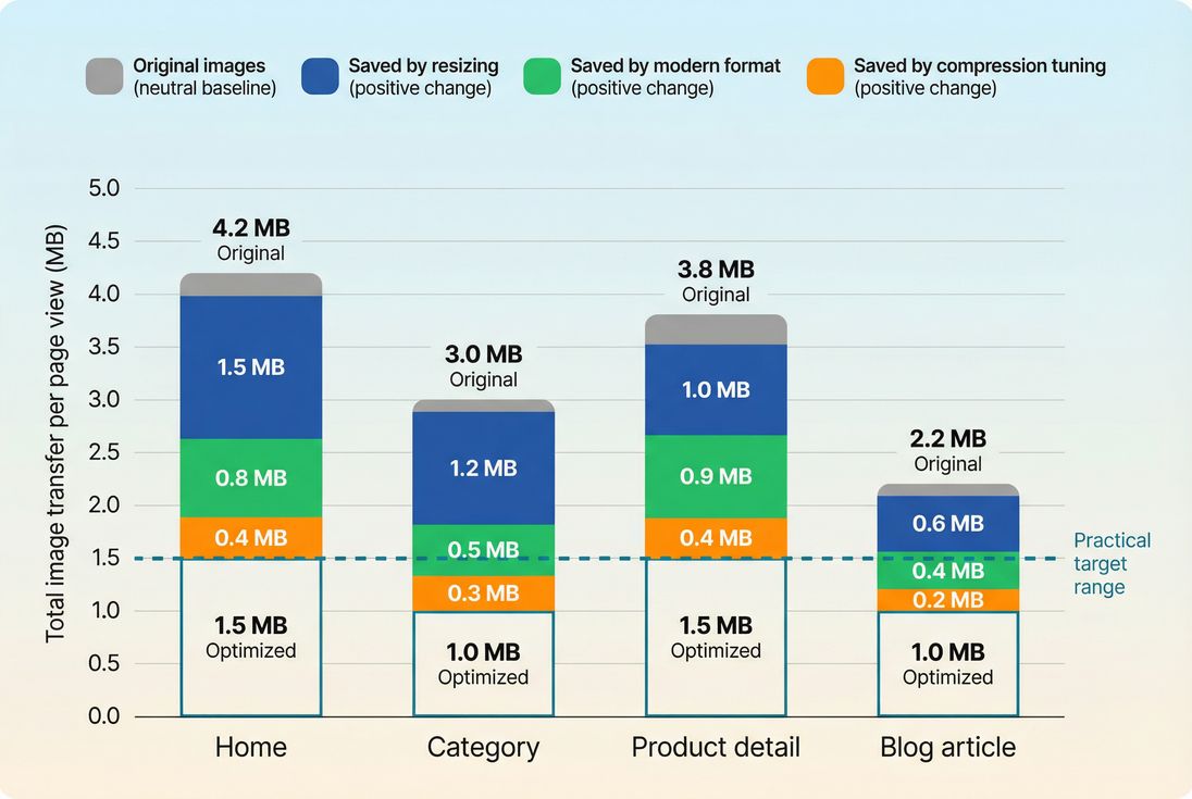 Stacked bar chart of image byte savings from resizing, modern formats, and compression across key e-commerce templates