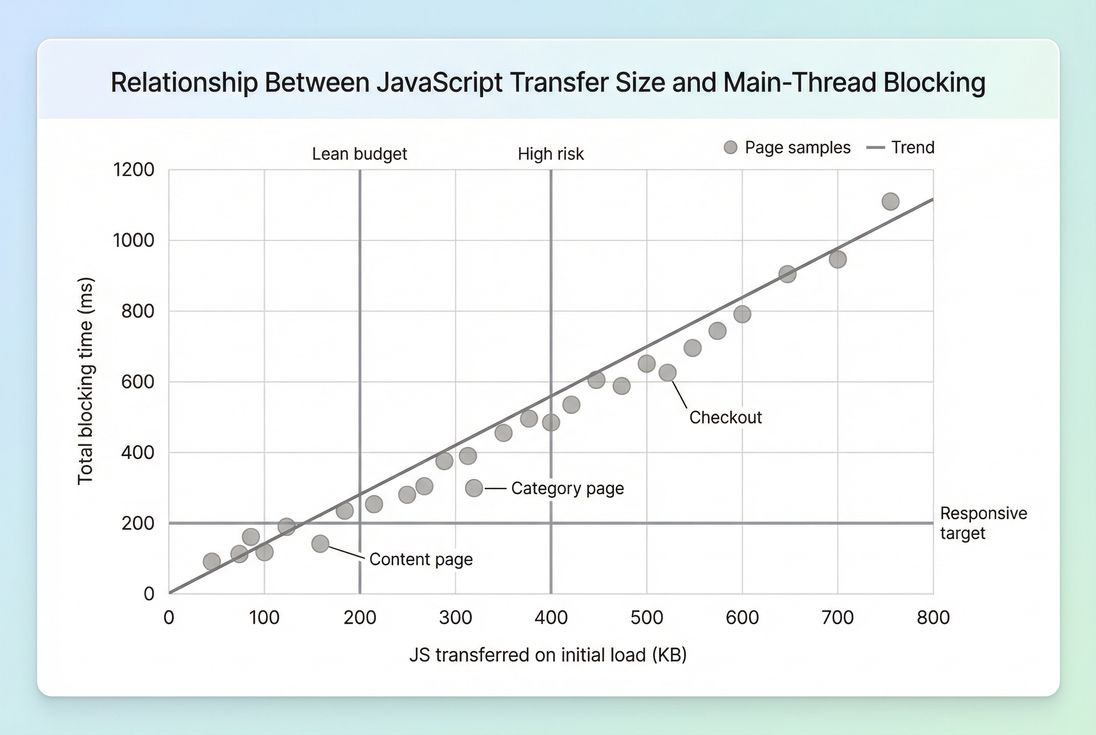 Scatter plot showing that higher JavaScript transfer size is associated with higher total blocking time on mobile, with a trend line and labeled thresholds