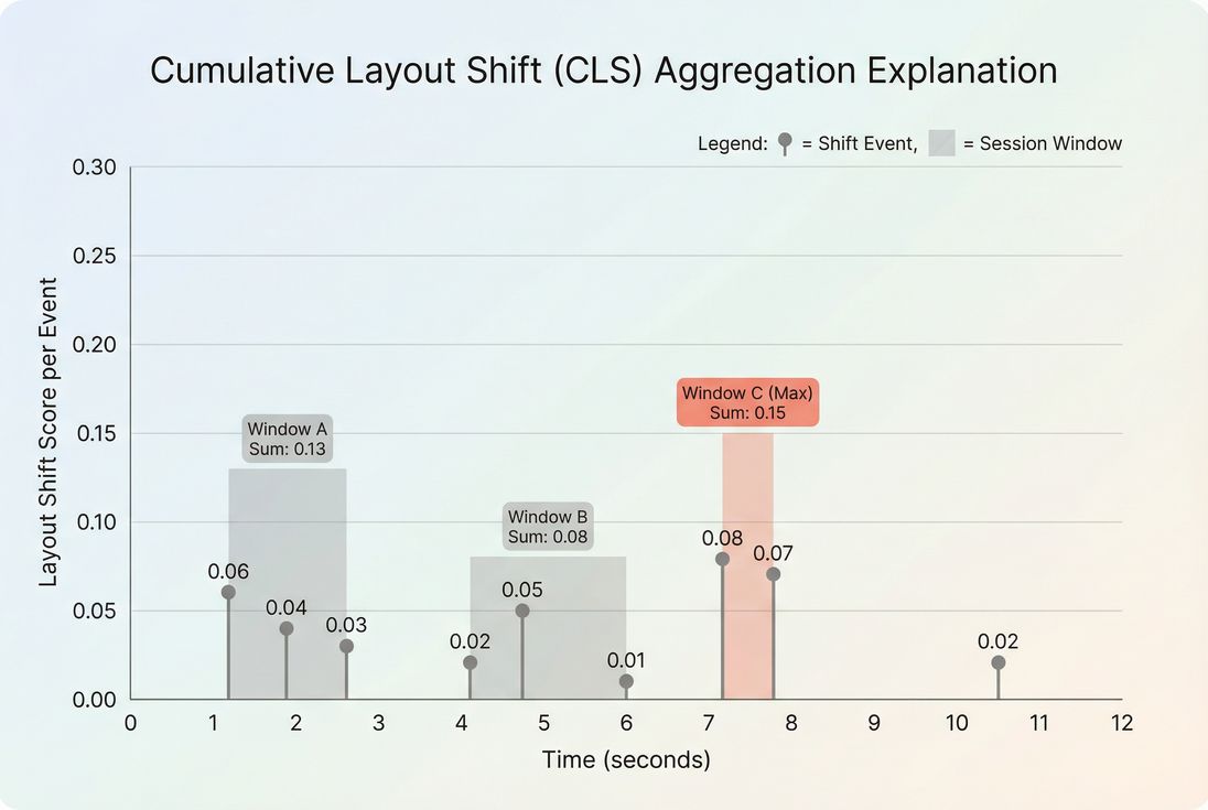 Timeline of layout shift events showing how CLS is summed within session windows and how a single window can determine the final CLS