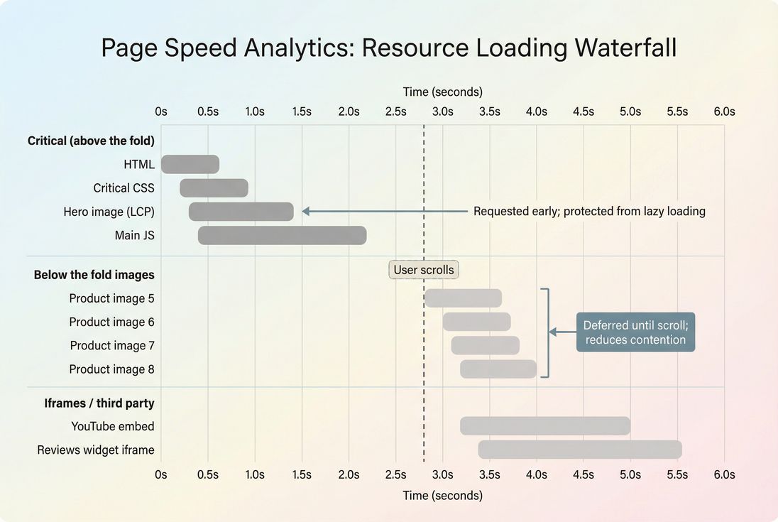 Conceptual network waterfall showing LCP image requested early and offscreen images deferred until scroll
