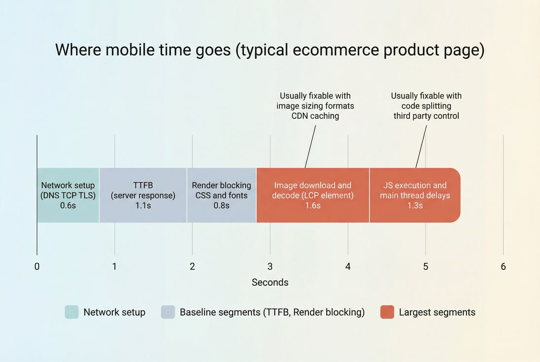 Stacked bar chart showing how mobile load time is split across network, server response, render blocking resources, and JavaScript work