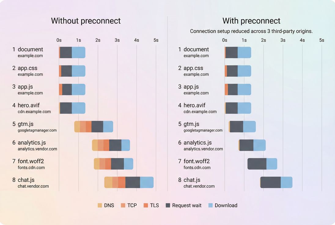 Two-panel waterfall chart showing third-party connection overhead and the effect of preconnect