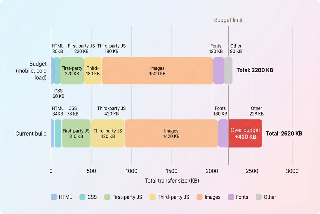 Stacked bars comparing performance budget vs current build by resource type