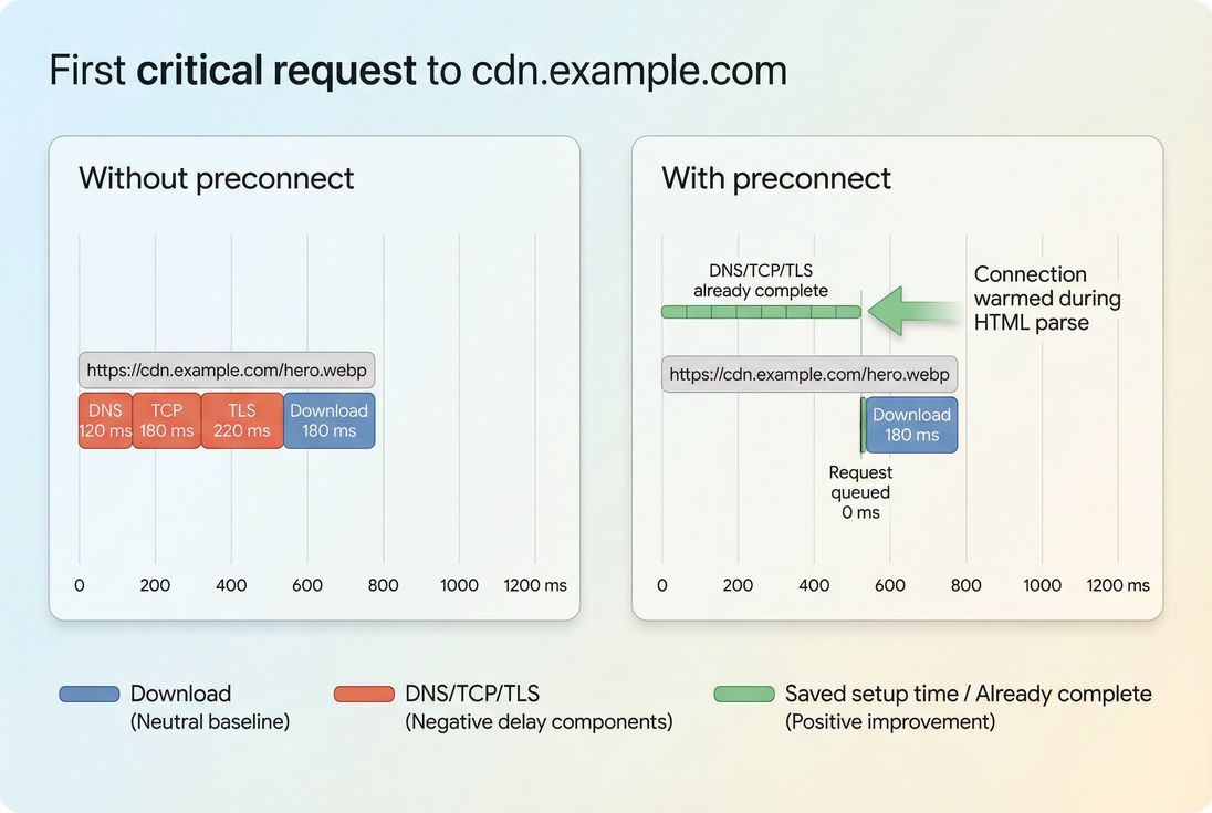 Network waterfall comparison showing earlier DNS, TCP, and TLS using preconnect