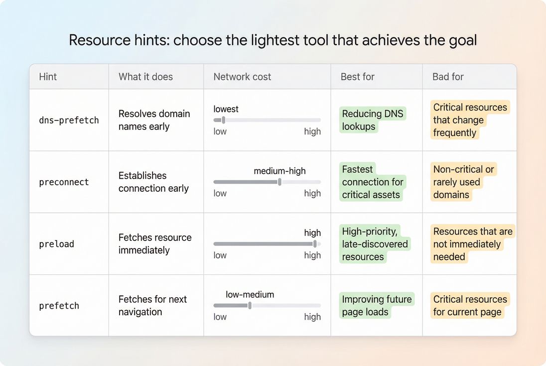 Comparison of dns-prefetch, preconnect, preload, and prefetch by purpose and cost