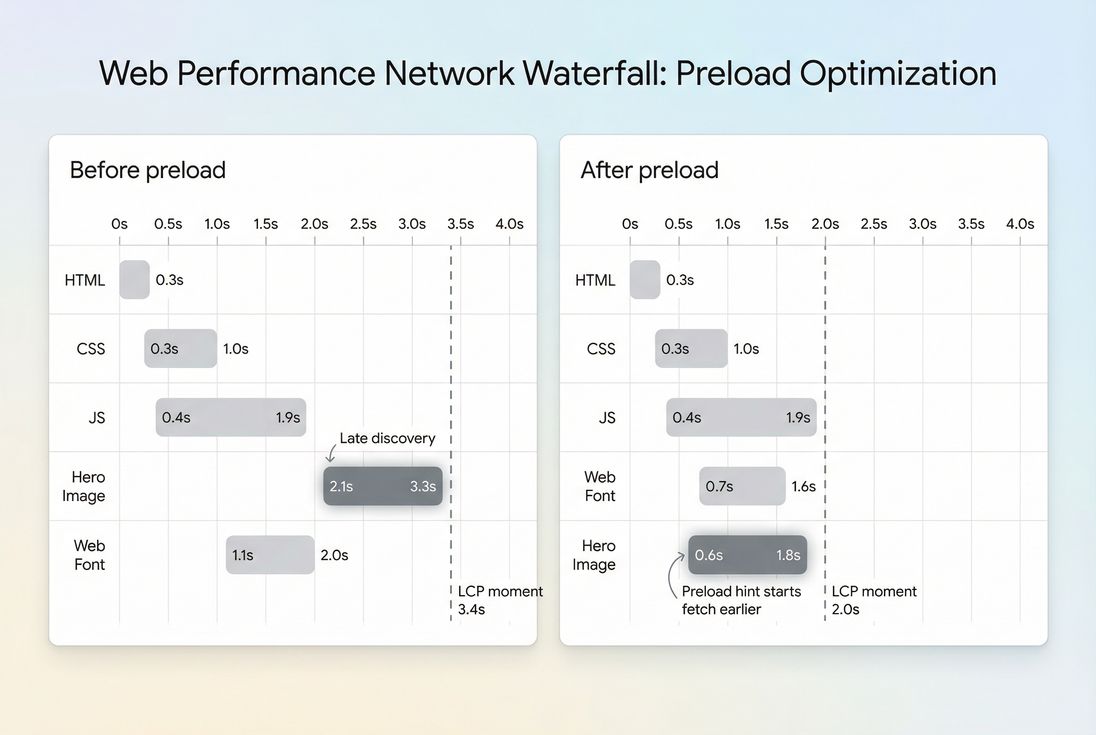 Network waterfall showing late-discovered hero image request before preload and earlier start after preload