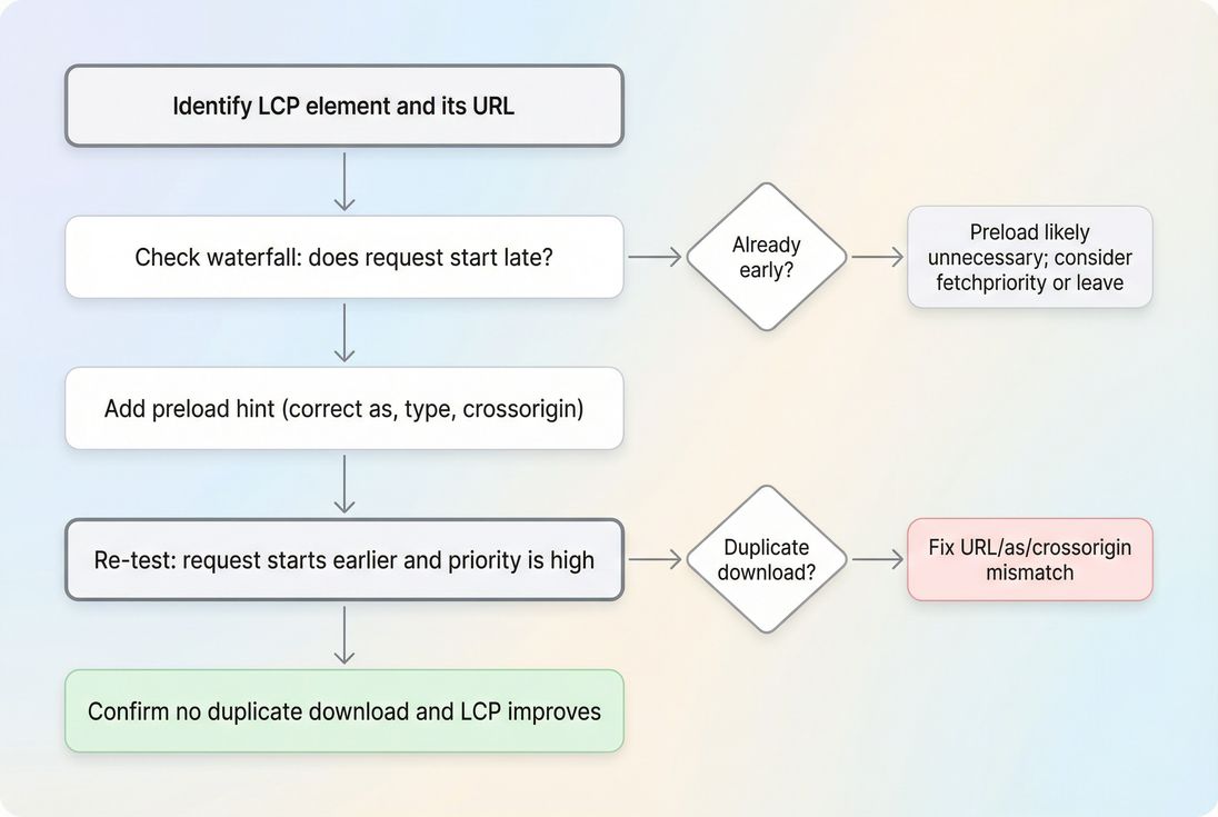 Validation flow showing the steps from finding the LCP resource to confirming earlier request start and no duplicate downloads