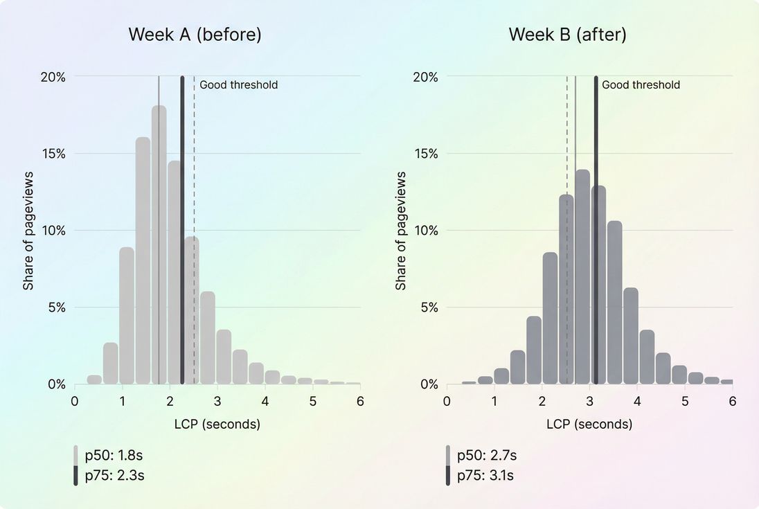 Histogram of LCP real-user distribution before and after a regression with p75 highlighted