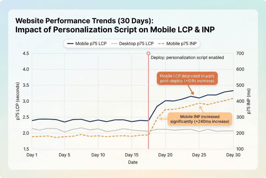 Time series of p75 LCP and p75 INP with a deployment marker and segment comparison