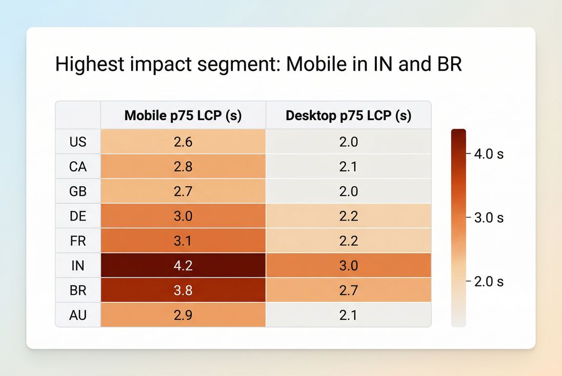 Heatmap of p75 LCP by country and device highlighting the worst segments