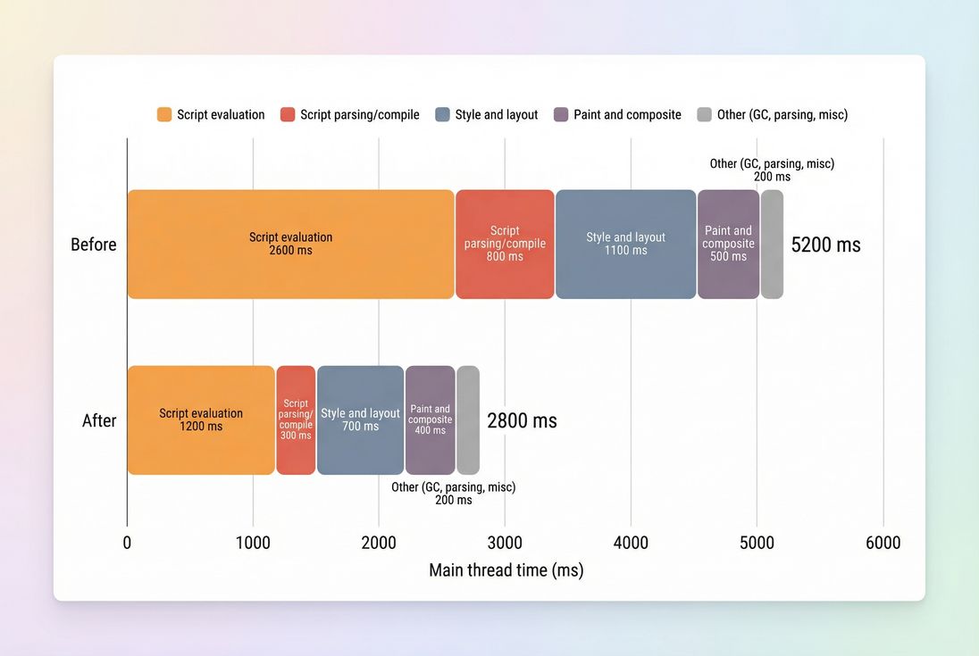 Stacked bars showing main thread work breakdown before and after optimizations across script, style/layout, paint, and other categories