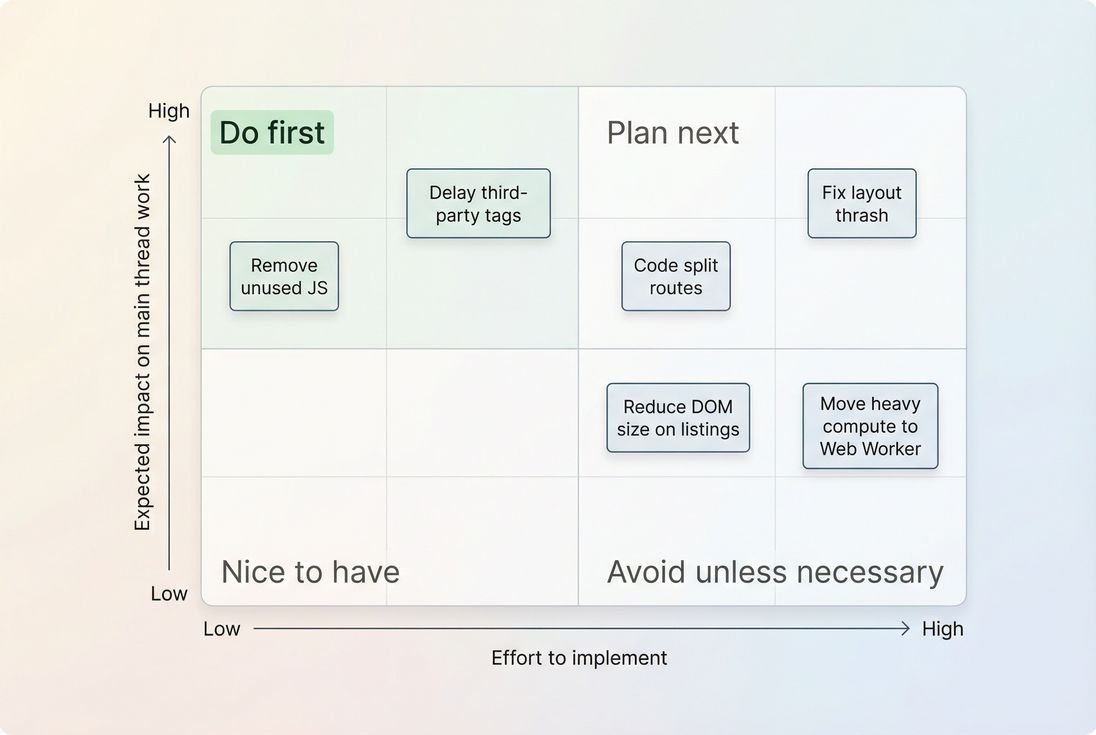 Decision matrix mapping main thread work categories to likely fixes and expected business impact