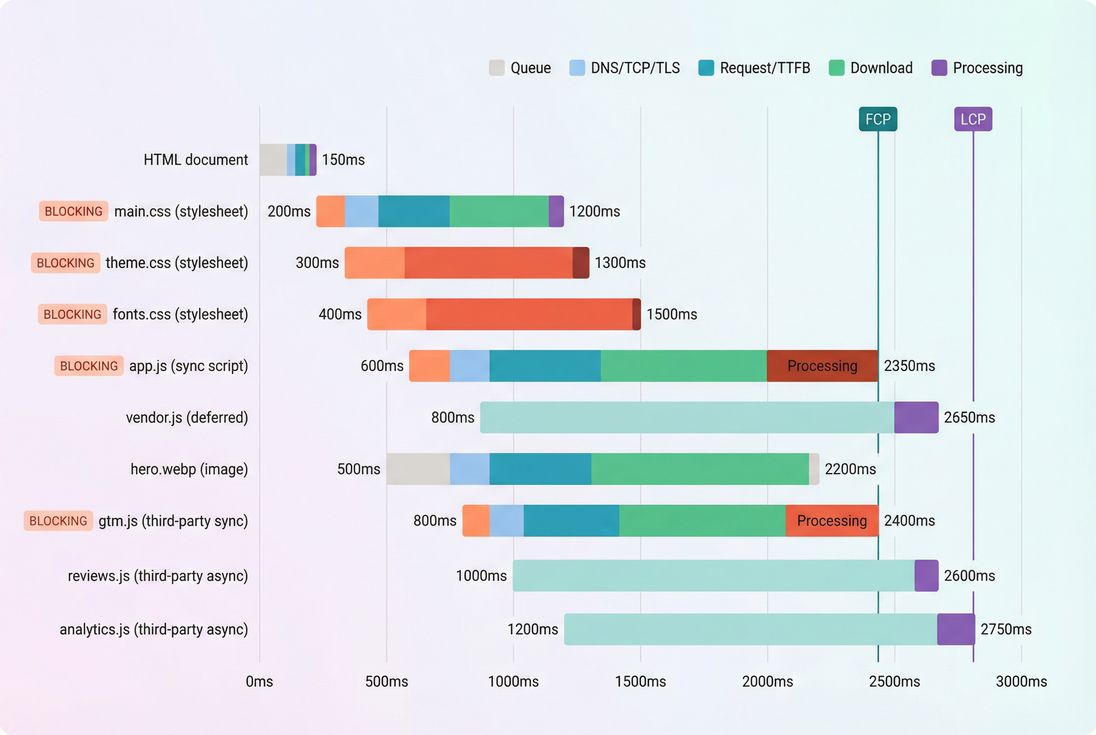 Waterfall-style chart highlighting blocking CSS and synchronous JS discovered in the head