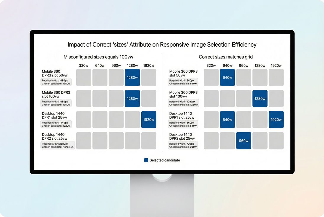 Two heatmaps showing how misconfigured sizes causes the browser to pick larger srcset candidates across devices compared to correct sizes