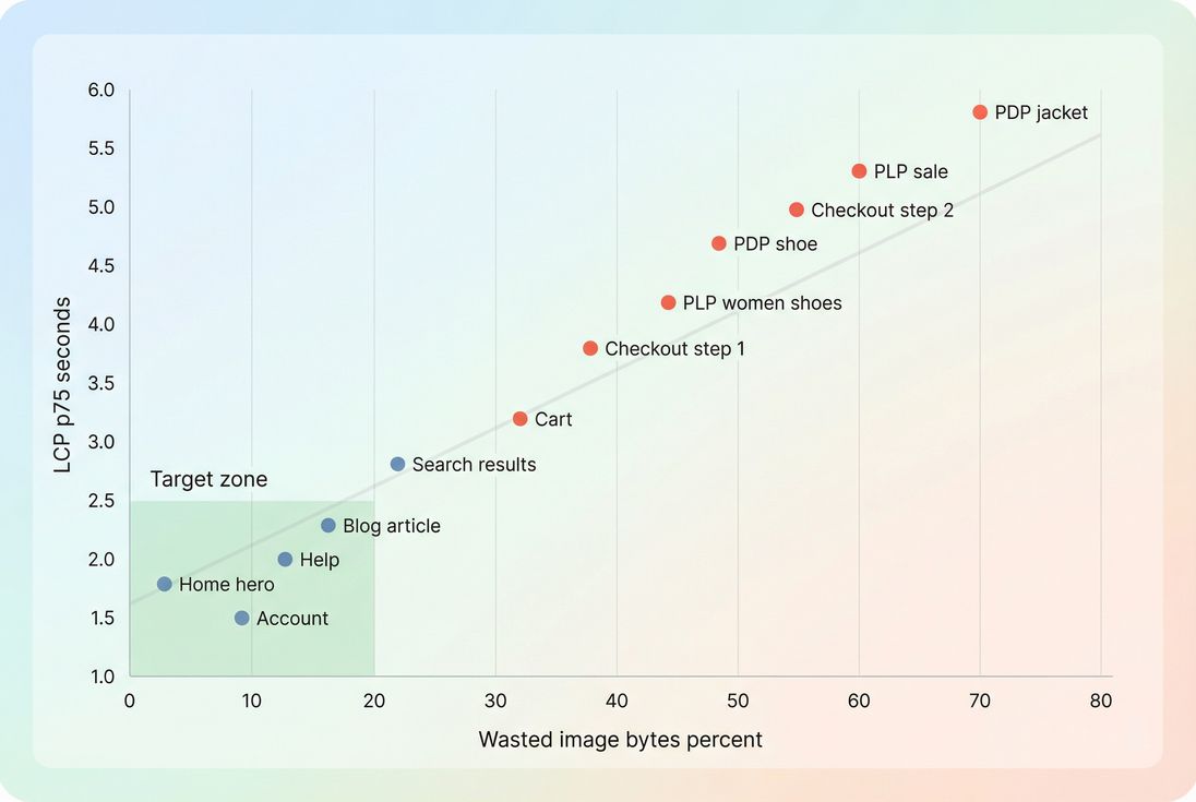 Scatter plot showing relationship between wasted image bytes percentage and LCP p75 across page templates, highlighting a target region under 20 percent waste and under 2.5 seconds LCP