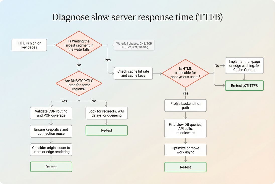 Flowchart for diagnosing slow server response time using waterfall phases and cache checks