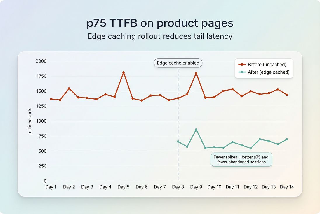 Line chart showing p75 TTFB dropping after implementing edge caching with a deployment marker