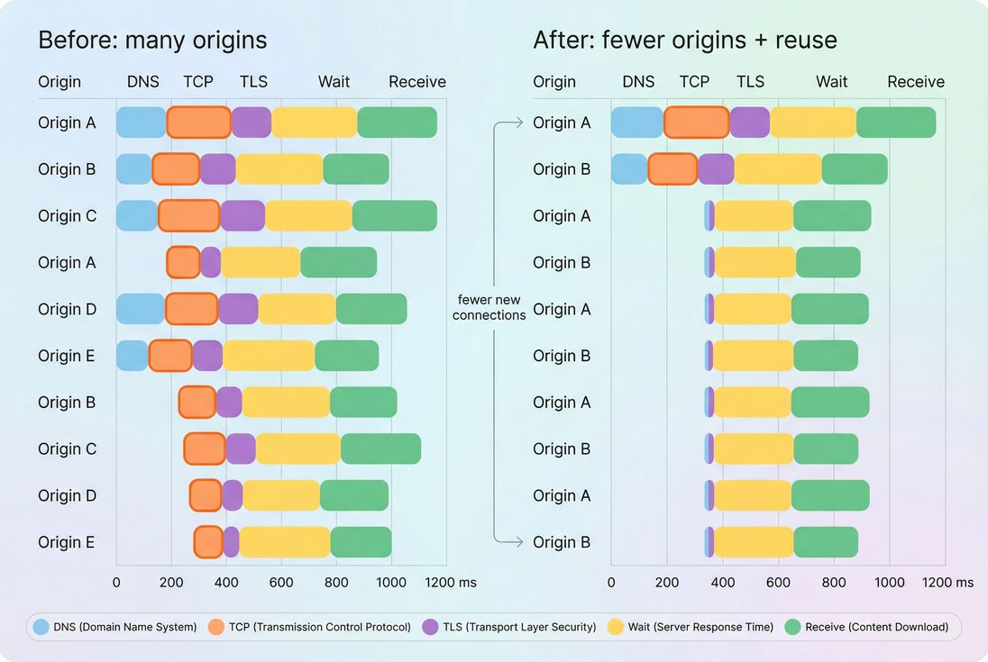 Two-panel network waterfall comparing many origins versus consolidated origins with connection reuse and fewer TCP handshakes