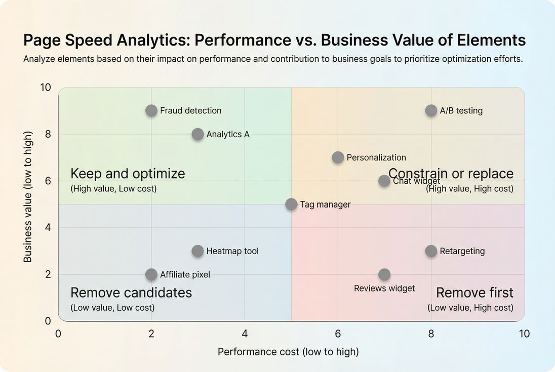 Scatter plot showing third party scripts positioned by business value versus performance cost