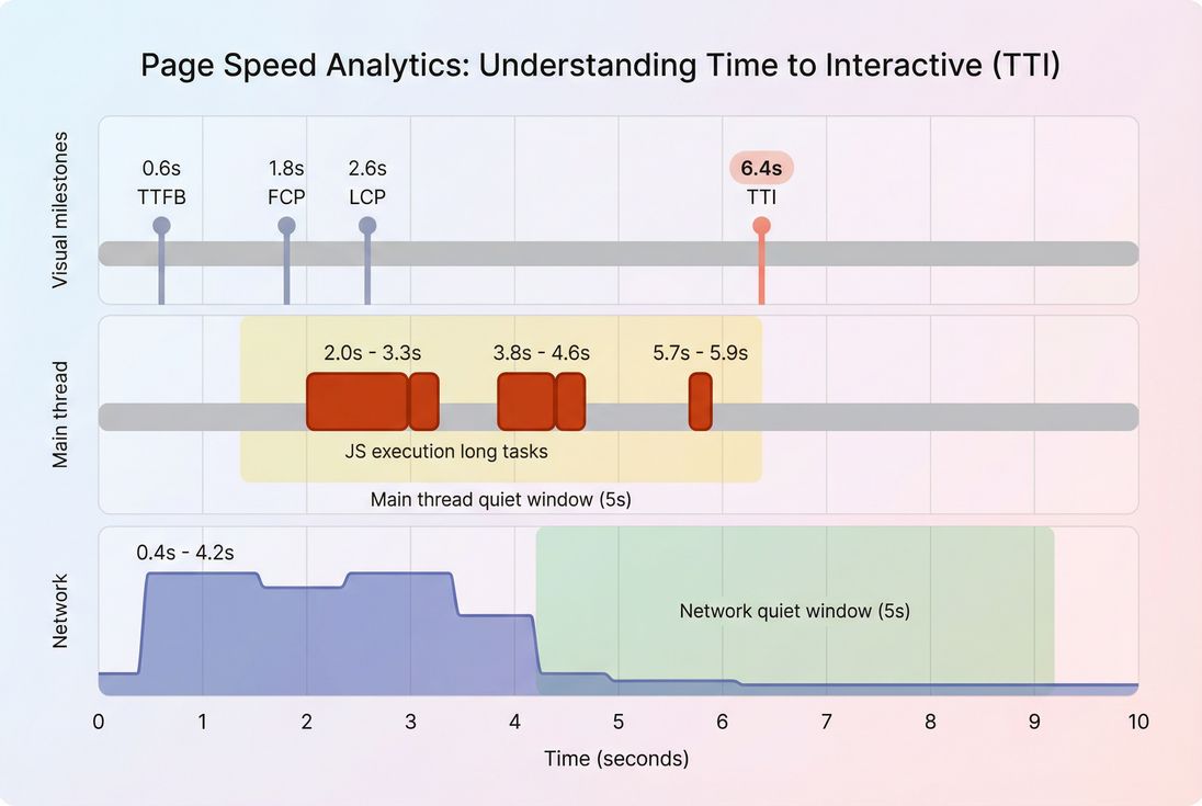 Timeline showing FCP, LCP, long tasks, and the point where TTI is reached after quiet windows