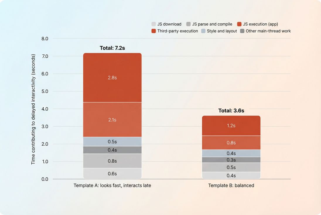 Stacked bar comparison showing TTI driven mostly by JavaScript execution and third-party main-thread work