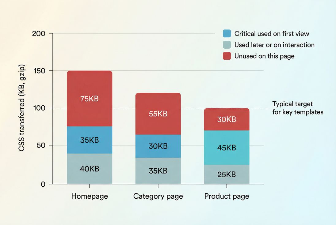 Stacked bar chart showing total CSS split into critical used, noncritical used, and unused bytes for three page types