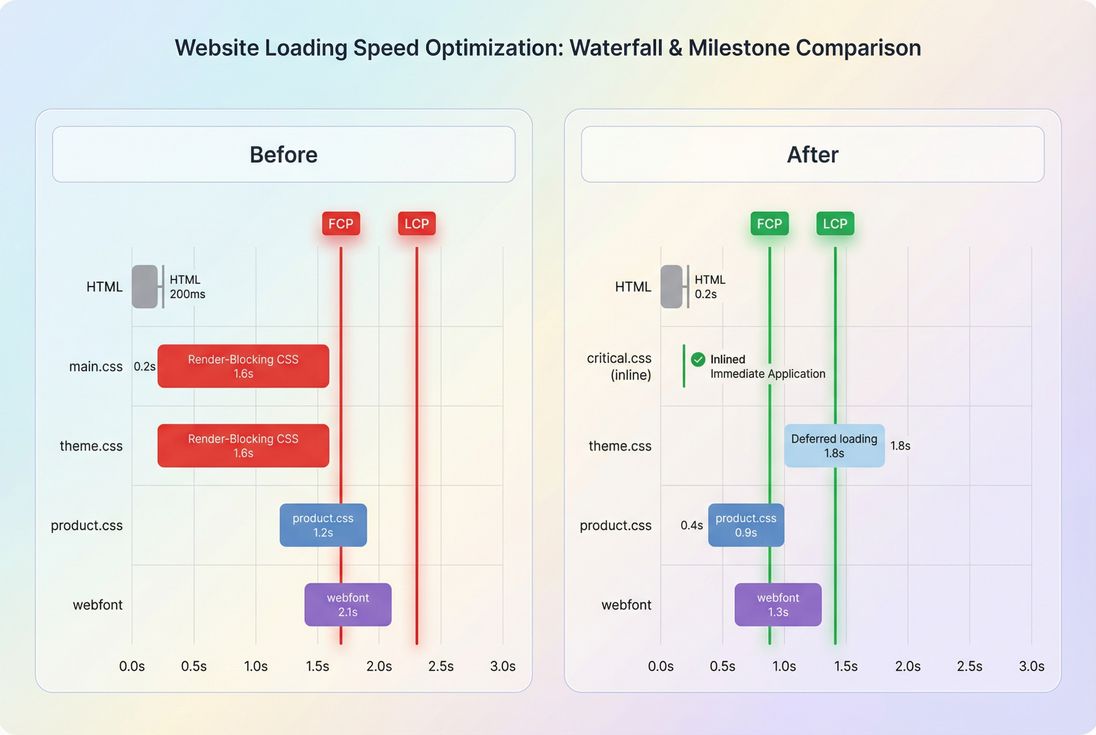 Before and after network waterfall emphasizing reduced render-blocking CSS and earlier paint milestones
