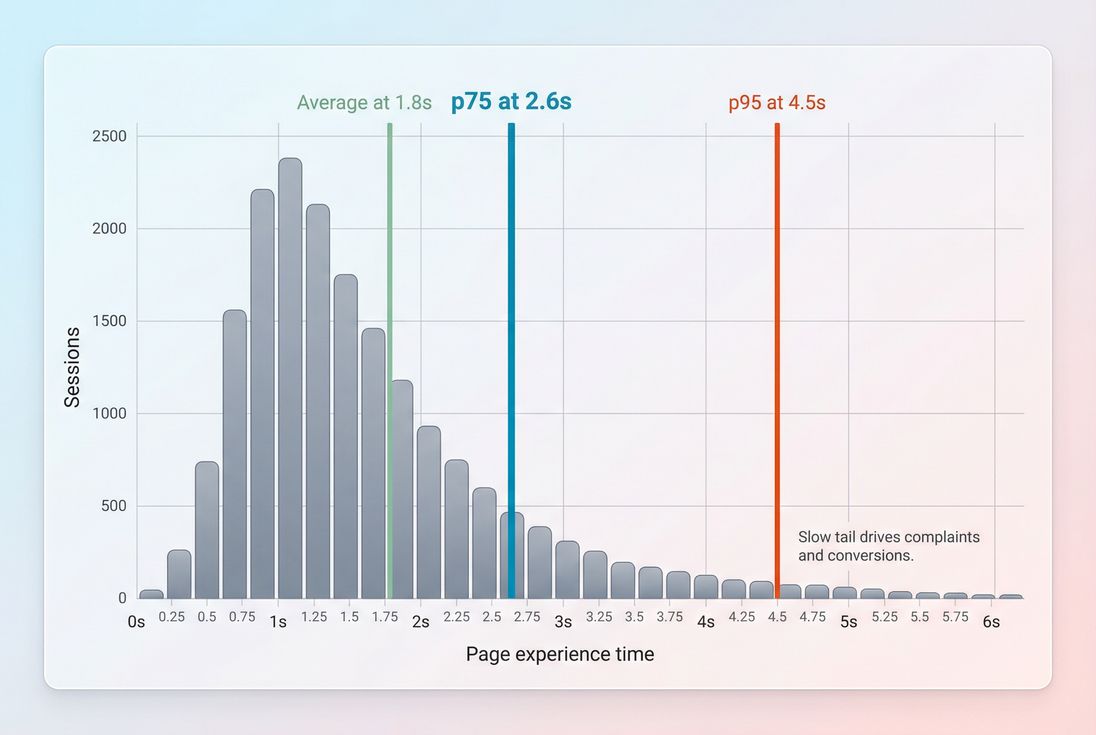 Distribution chart showing why p75 is more informative than average for web performance metrics
