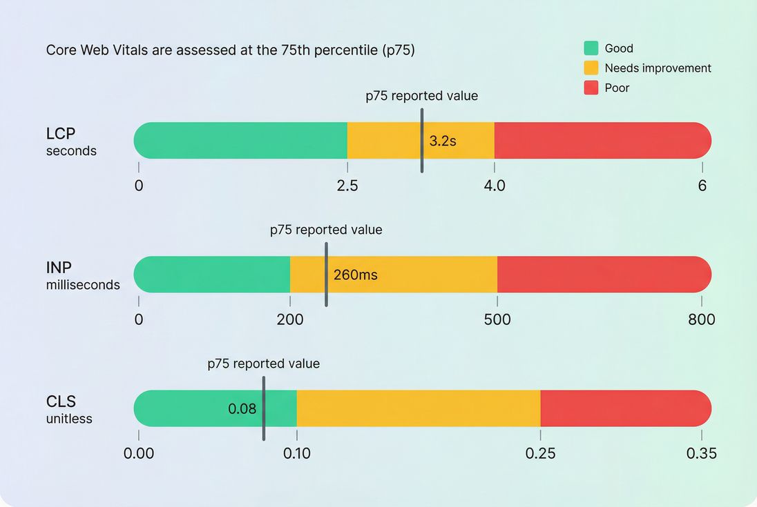 Core Web Vitals thresholds showing good needs improvement and poor ranges for LCP INP and CLS with emphasis on 75th percentile