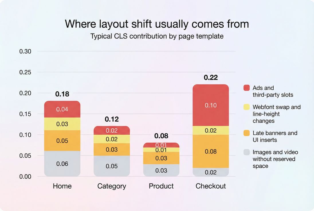 Stacked bar chart showing CLS contributions by template: home, category, product, checkout; causes include images without dimensions, late banners, webfonts, and ads